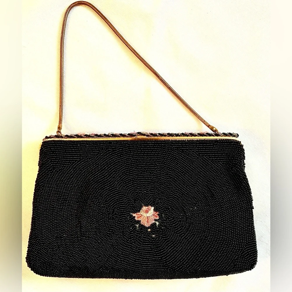 Vtg Walborg France Point de Beauvais Hand Beaded Floral Bag Set EXCELLENT